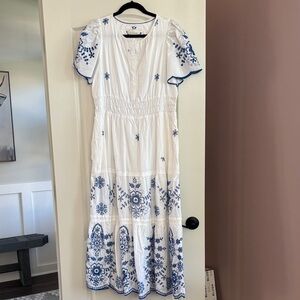 Anthropologie White Somerset Maxi  Dress with Blue Embroidery